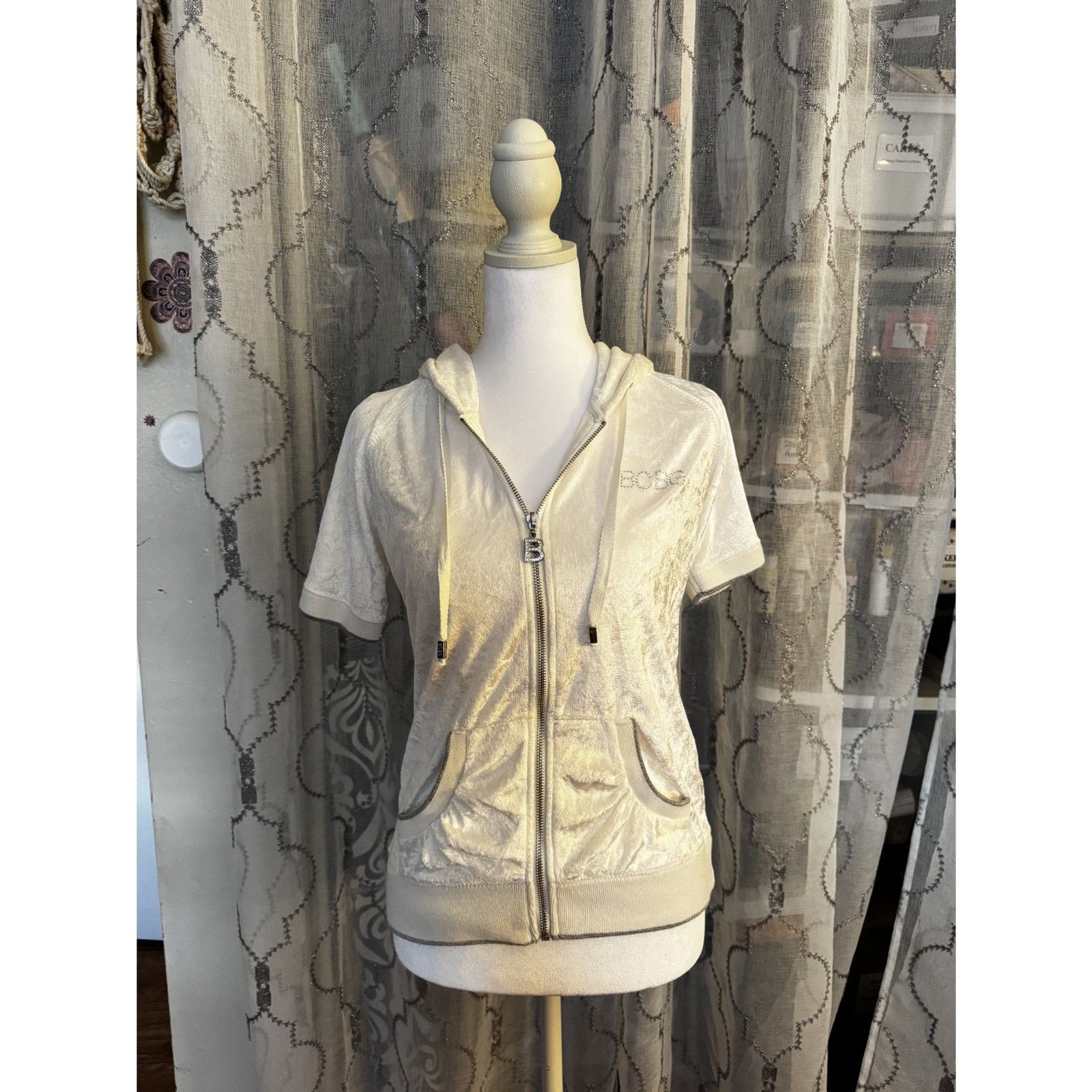 BCBG Max Azria White Velour Rhinestone Butterfly Hoodie M Y2K