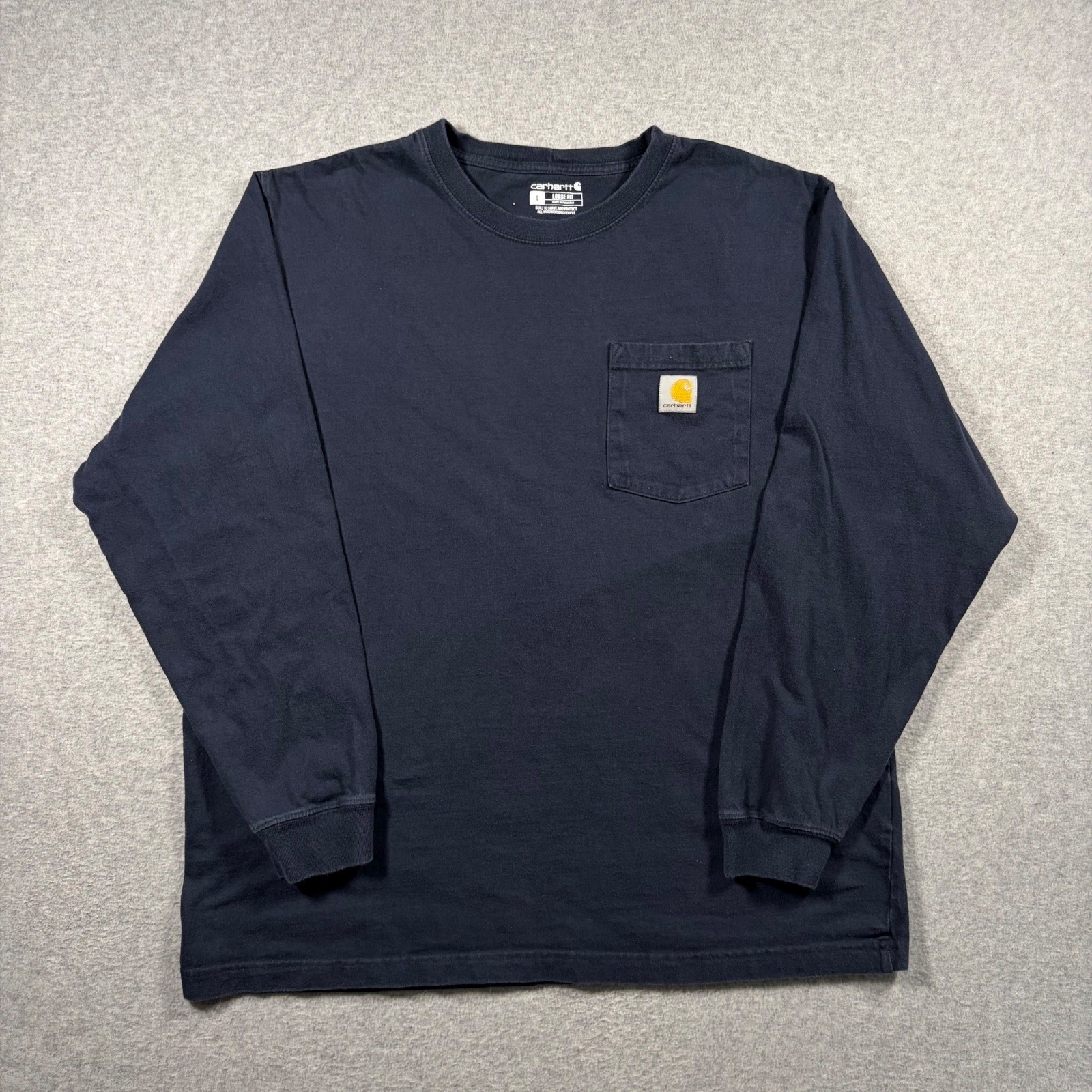 Carhartt Pocket T-Shirt Mens Large Navy Blue K126 Loose Fit Long Sleeve Cotton