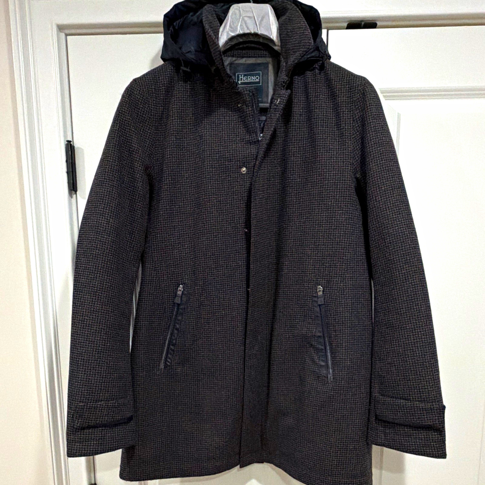 Herno Laminar Men’s Hooded Down Parka Houndstooth Gray/Black Zip 50
