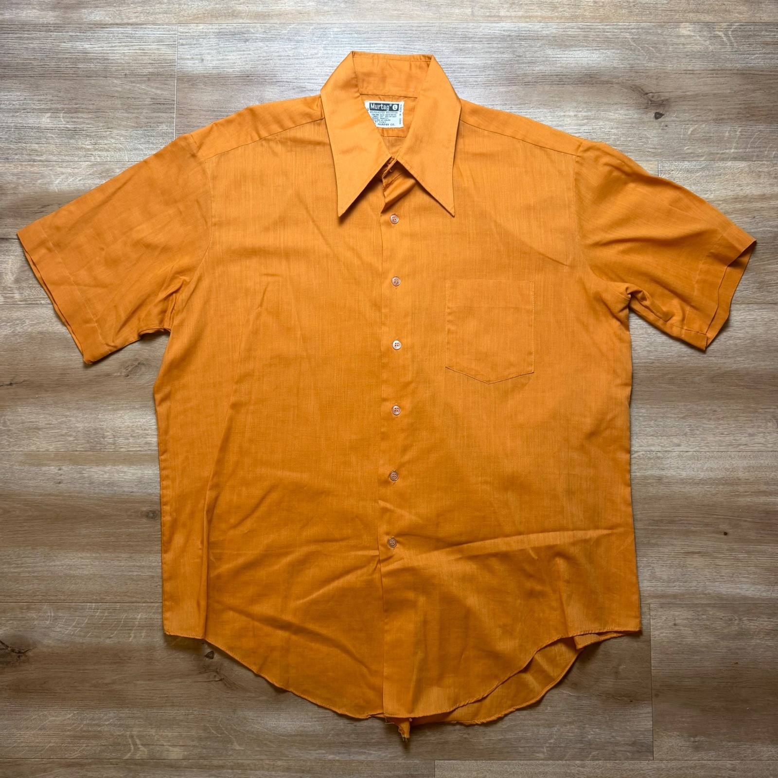 Vintage 70s Murtag Button Up Shirt Mens Large Orange Short Sleeve Big Collar