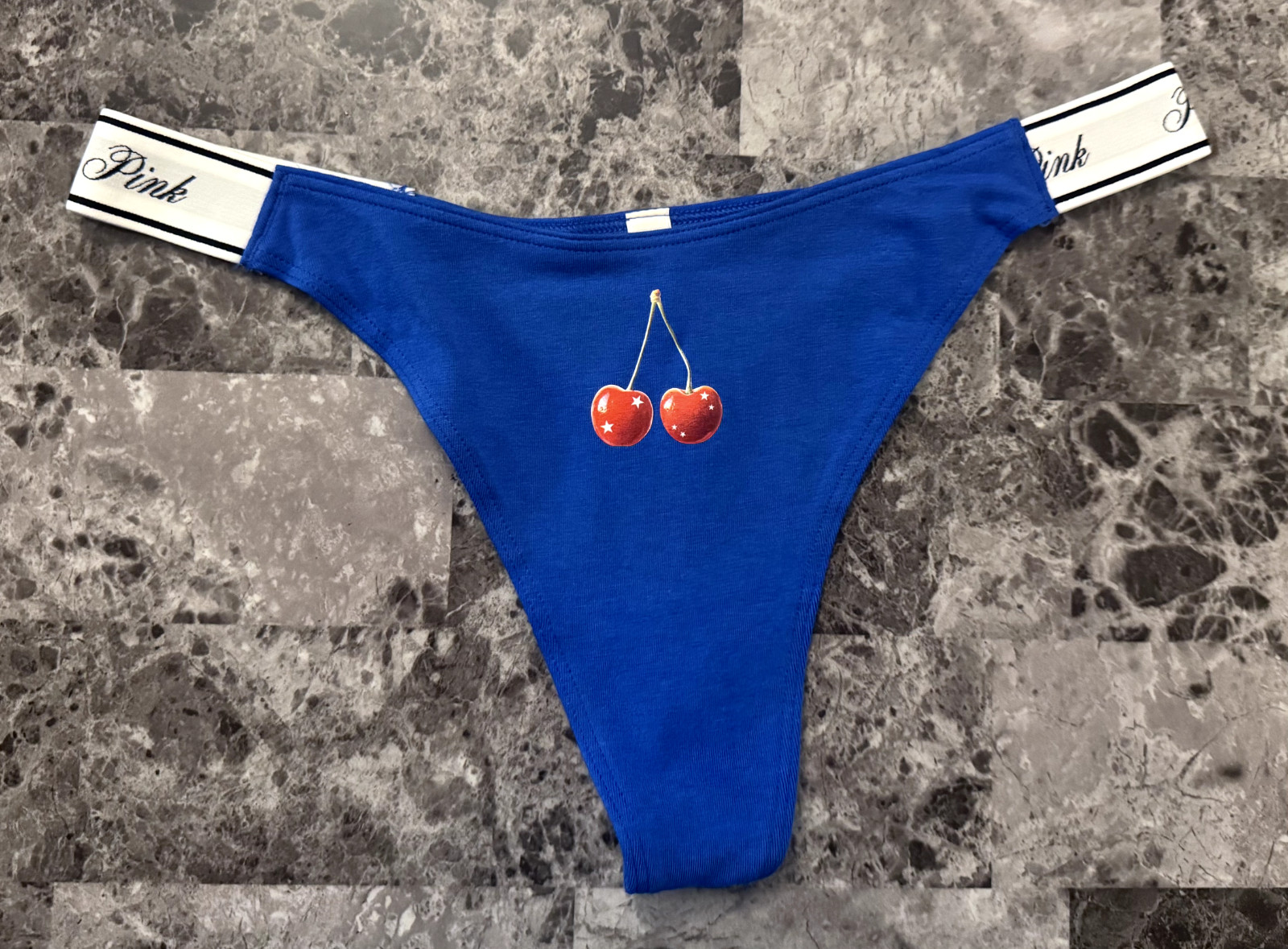 NWOT VICTORIA\'S SECRET PINK BLUE RED CHERRY THICK LOGO SIDE STRAP THONG PANTIES