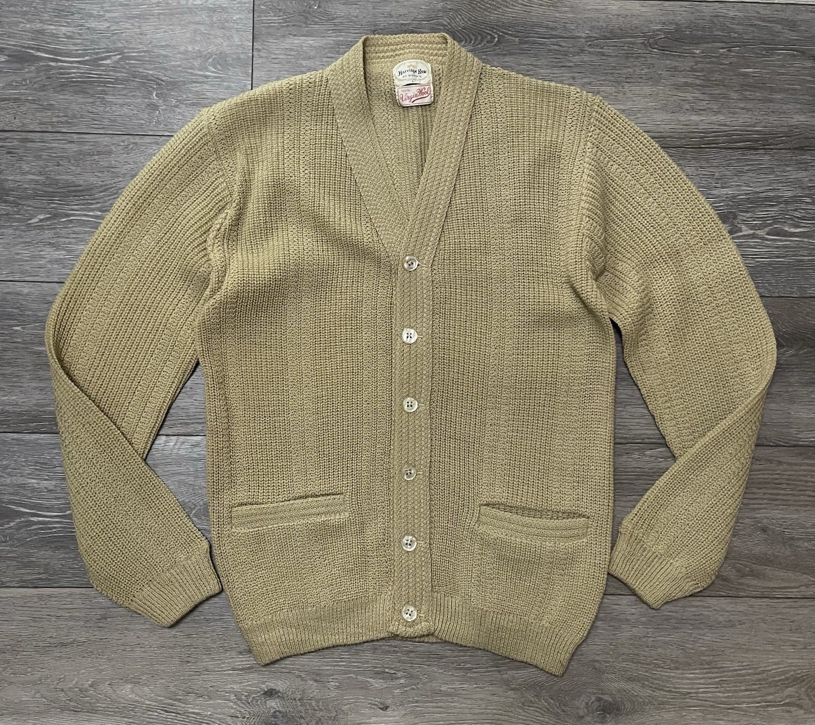 Vtg 60s Harridge Row at Bond’s Beige Tan Virgin Wool Cardigan Sweater LARGE 42”