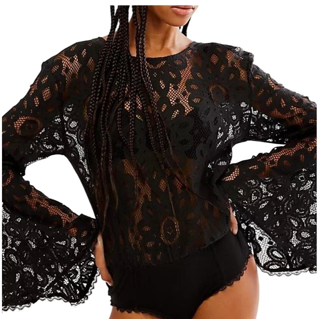 NWT Free People Intimately Black Lace Bell Sleeve Bodysuit  M Boho| Whimsigoth