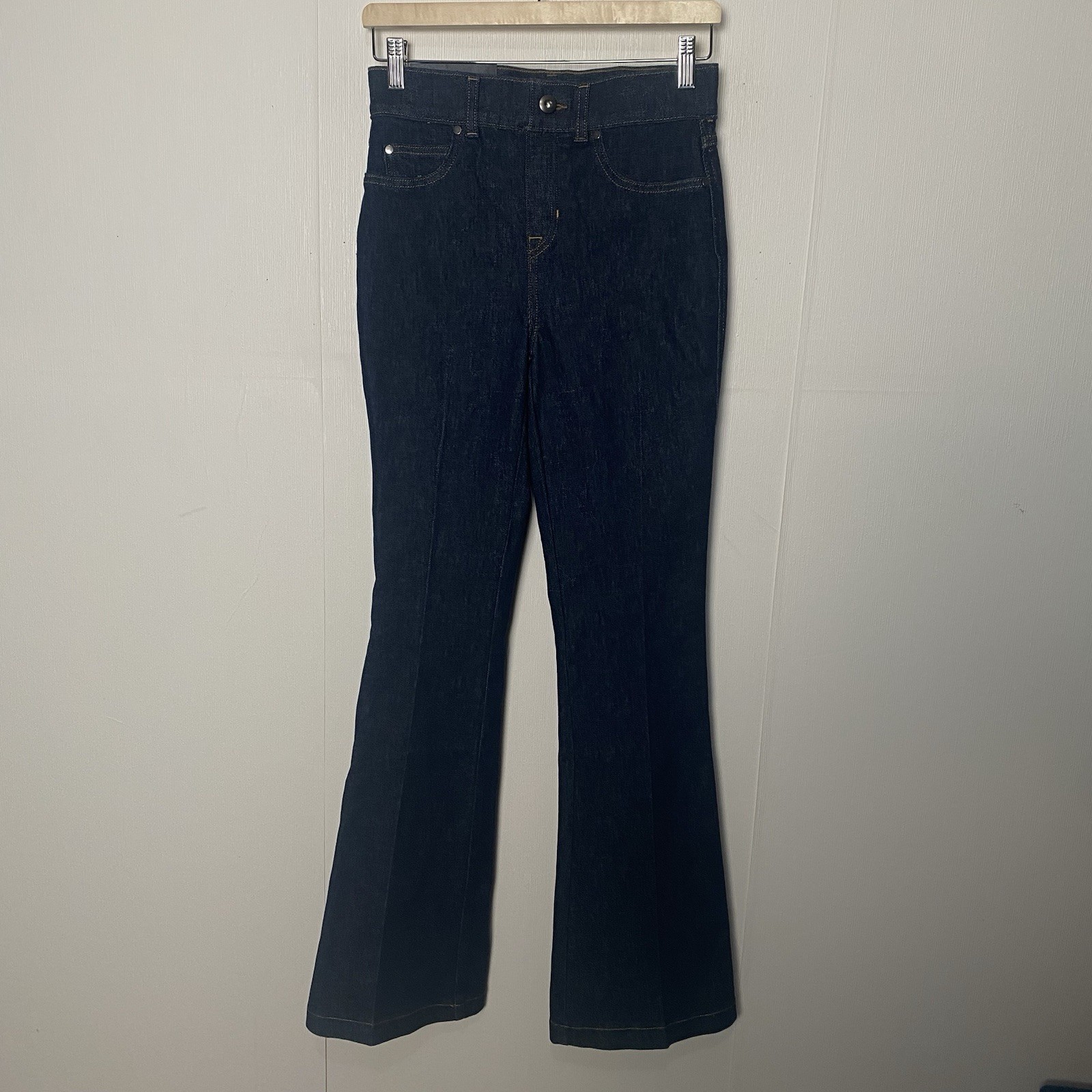 SPANX Denim Flare Raw Indigo Pull On Jeans High Rise Size Petite Small.