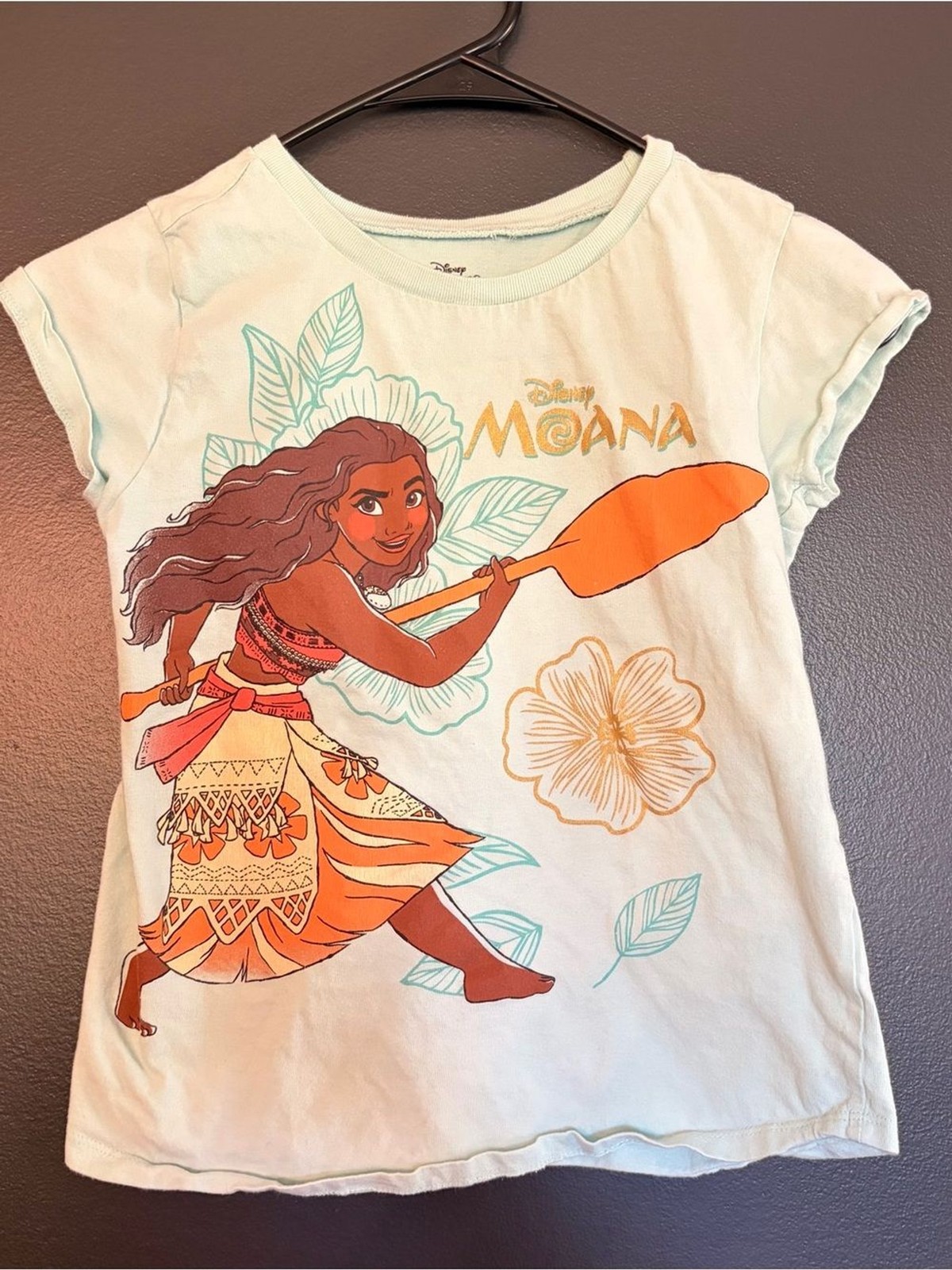 Disney Girls\' Light Teal Moana Graphic Tee with Orange Paddle