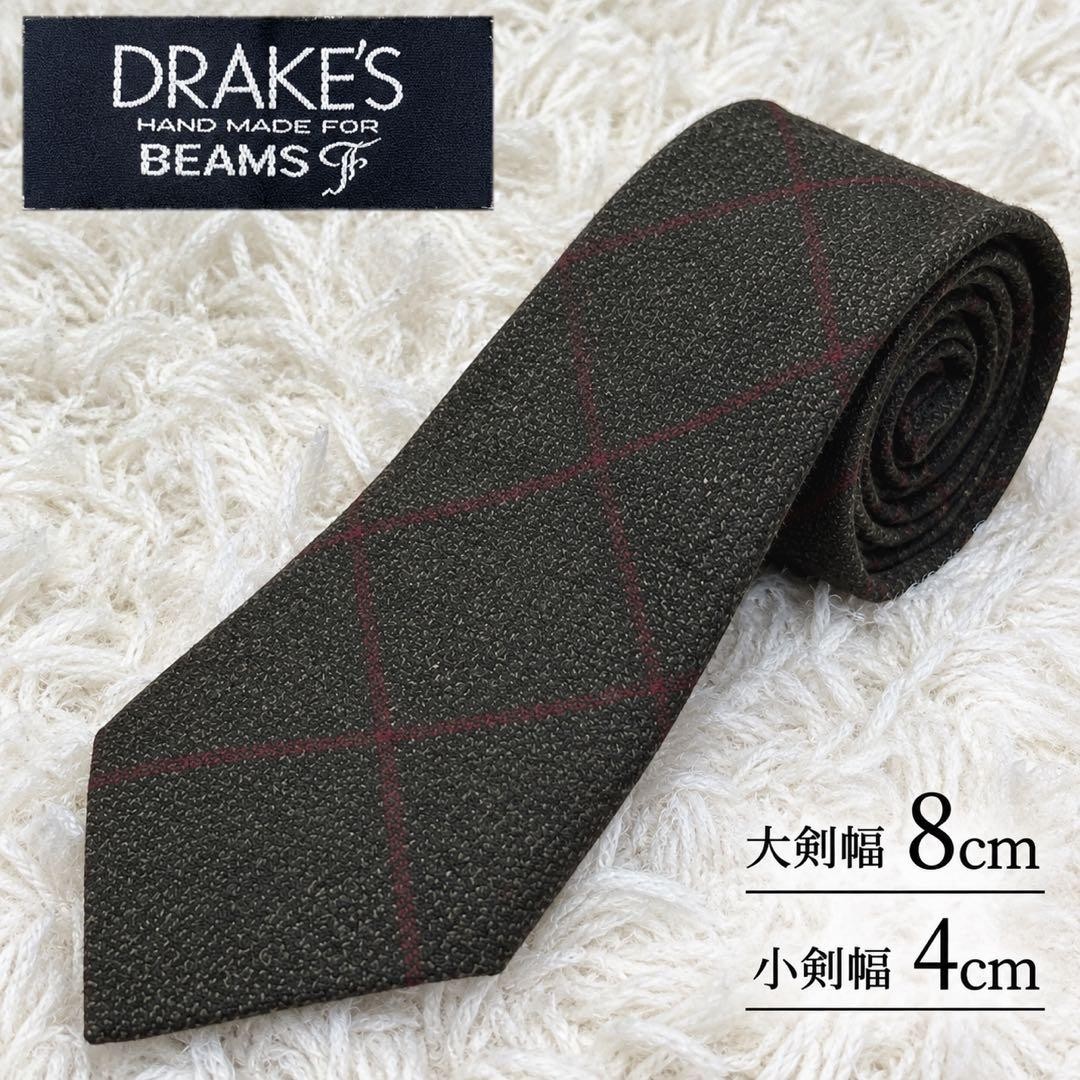 Drake\'s x BEAMS F Wool Tie Windowpane Dark Green Made in England Mint