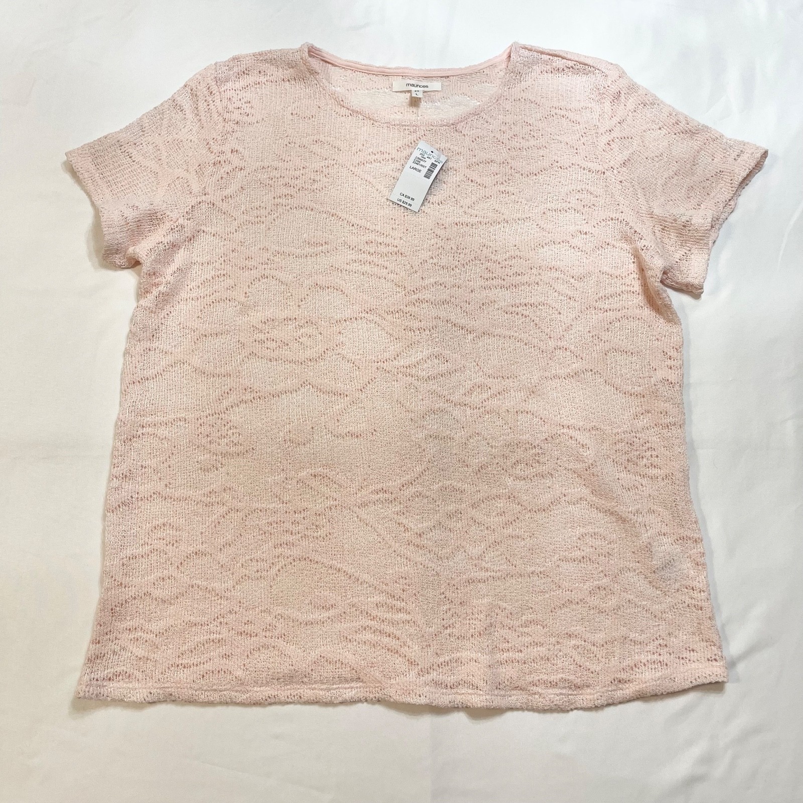 NWT Maurices Womens L Blush Pink Open Lace Short Sleeve Blouse/Top Sheer