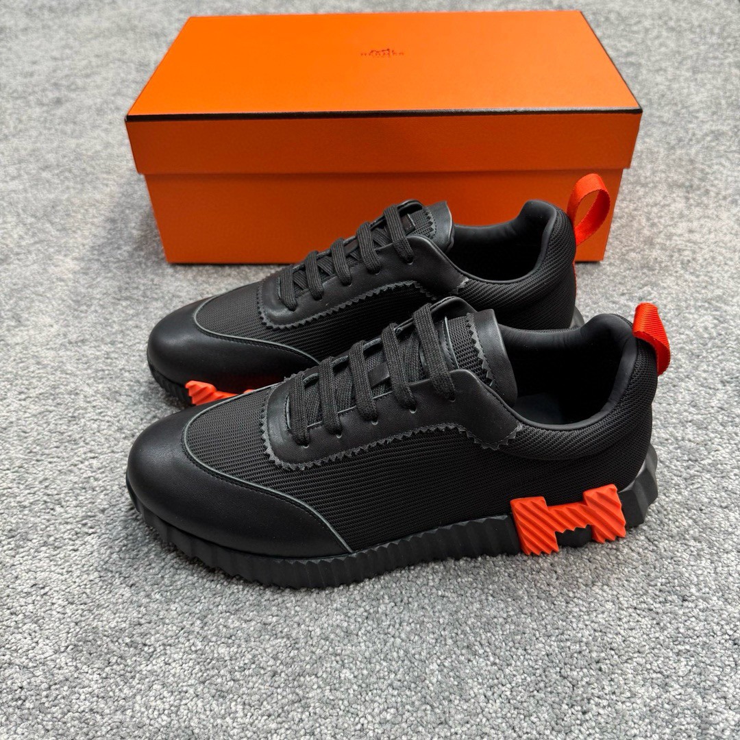 Men's Hermes Bouncing Sneakers Black Orange Mesh Leather Casual Shoes Size