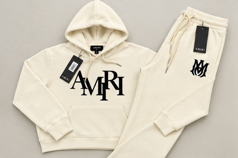 AMIRI Men’s 2pc Sweatsuit Hoodie & Pants Beige Fleece Logo 