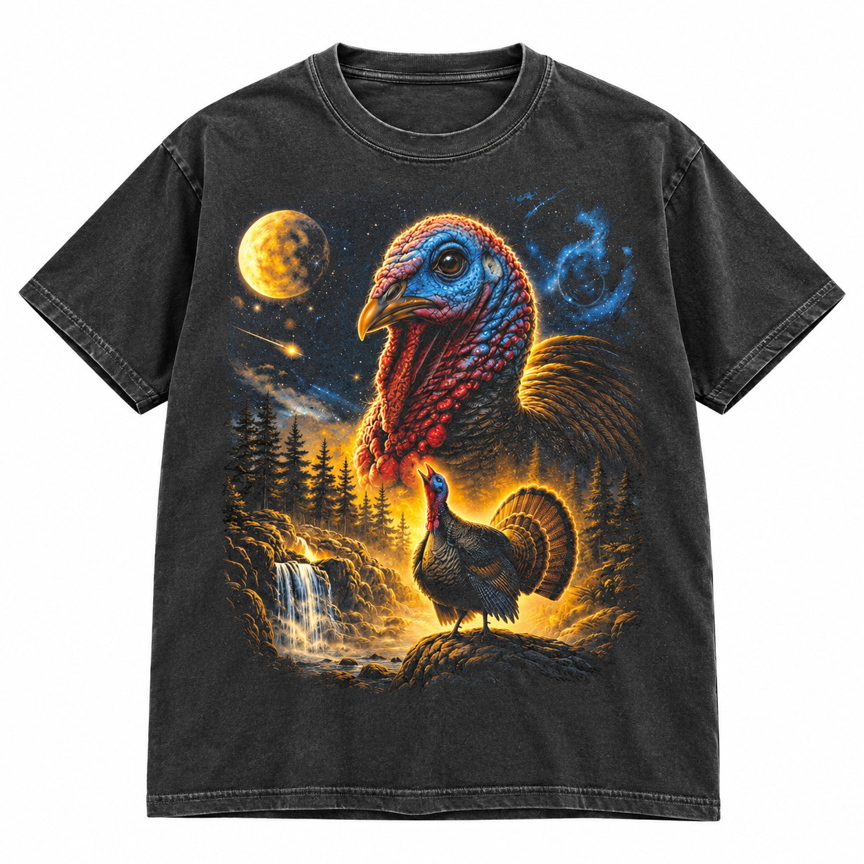 Vintage Turkey T-Shirt Thanksgiving Full Moon Wildlife Forest Graphic Tee