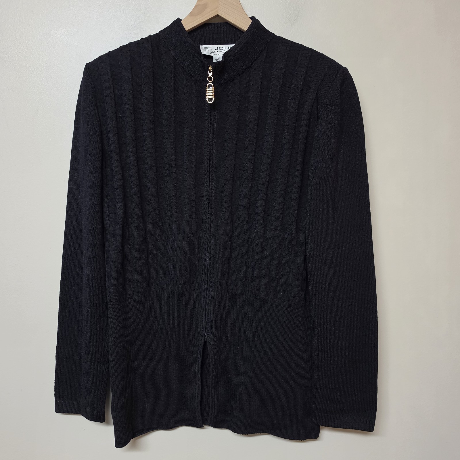 St John Collection Marie Gray Black Cable Knit Zip Front Cardigan Jacket 12 USA