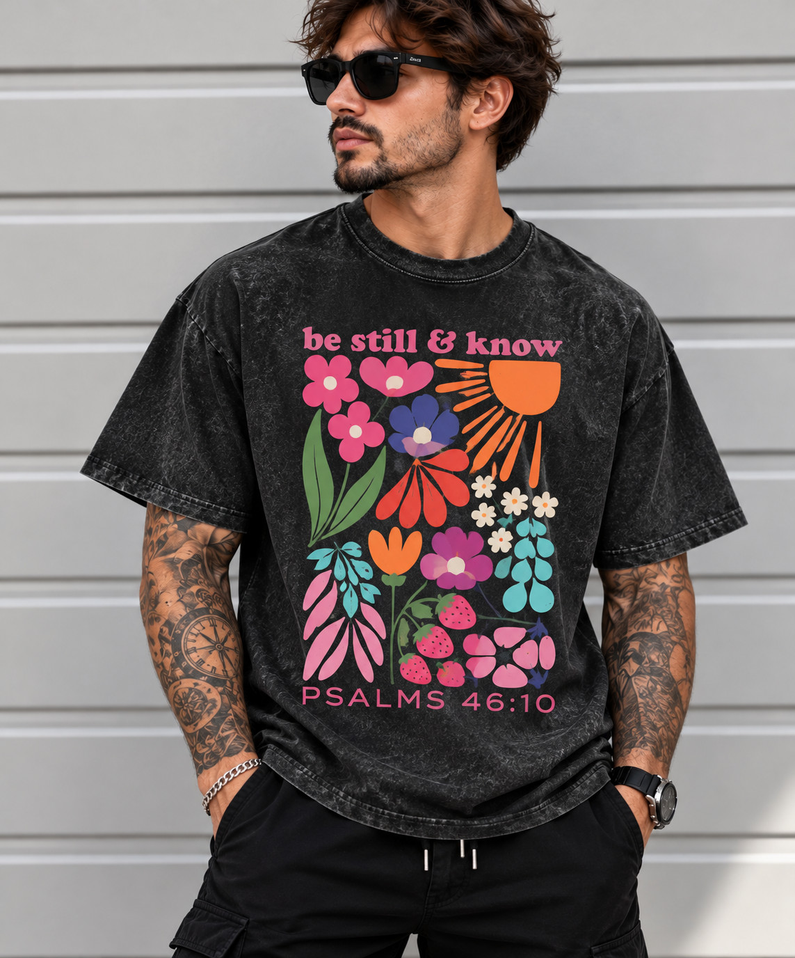 Be Still and Know Psalm 46:10 Christian T Shirt Floral Vintage Wash Graphic Tee