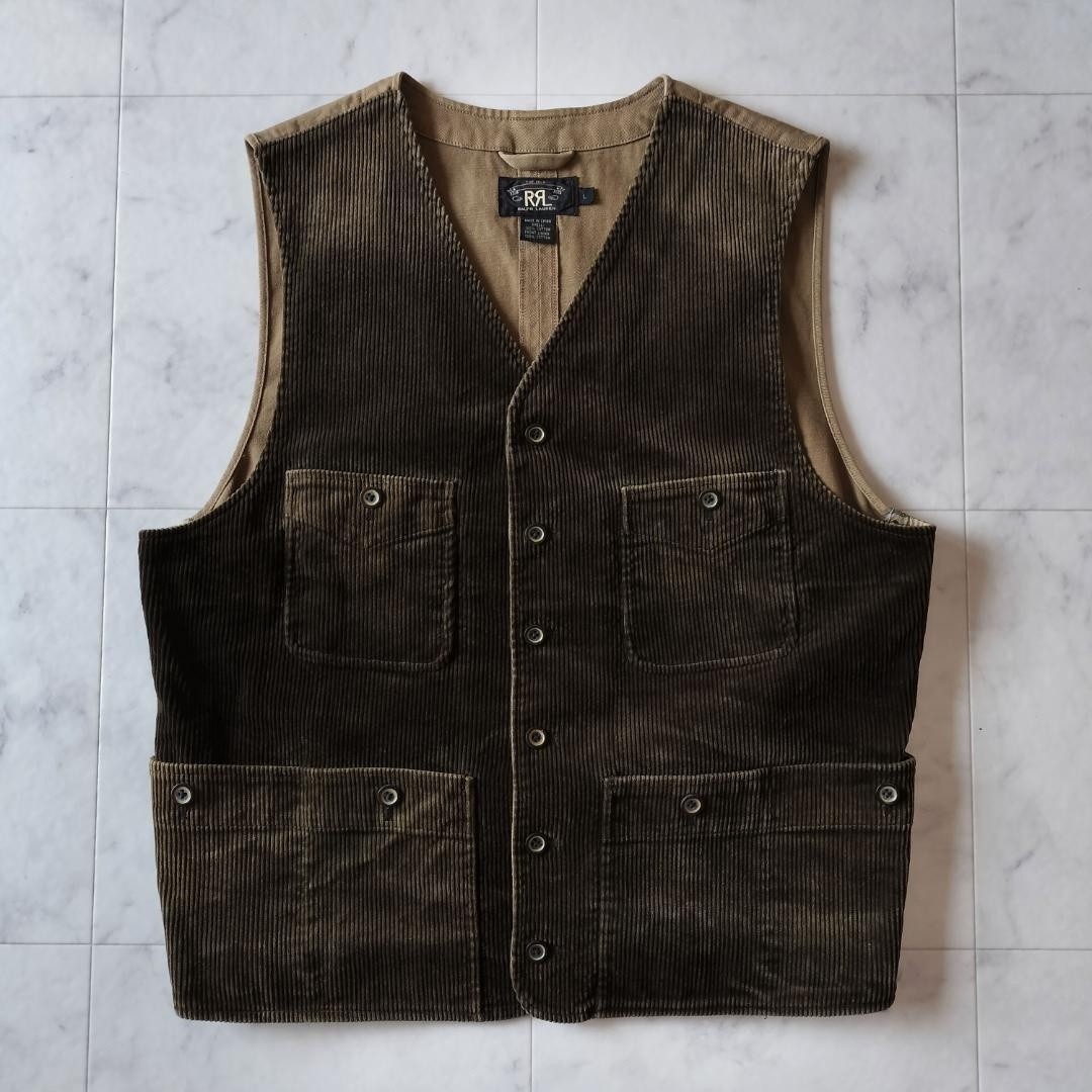 RRL Double RL Cotton Corduroy Hunting Vest Cinch Back Brown Size-L Excellent