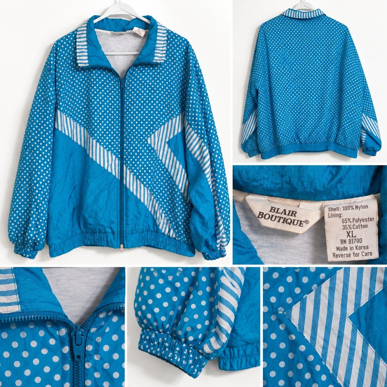 Vintage 90s Blair Boutique Windbreaker Jacket Blue White Polka Dot Stripe XL