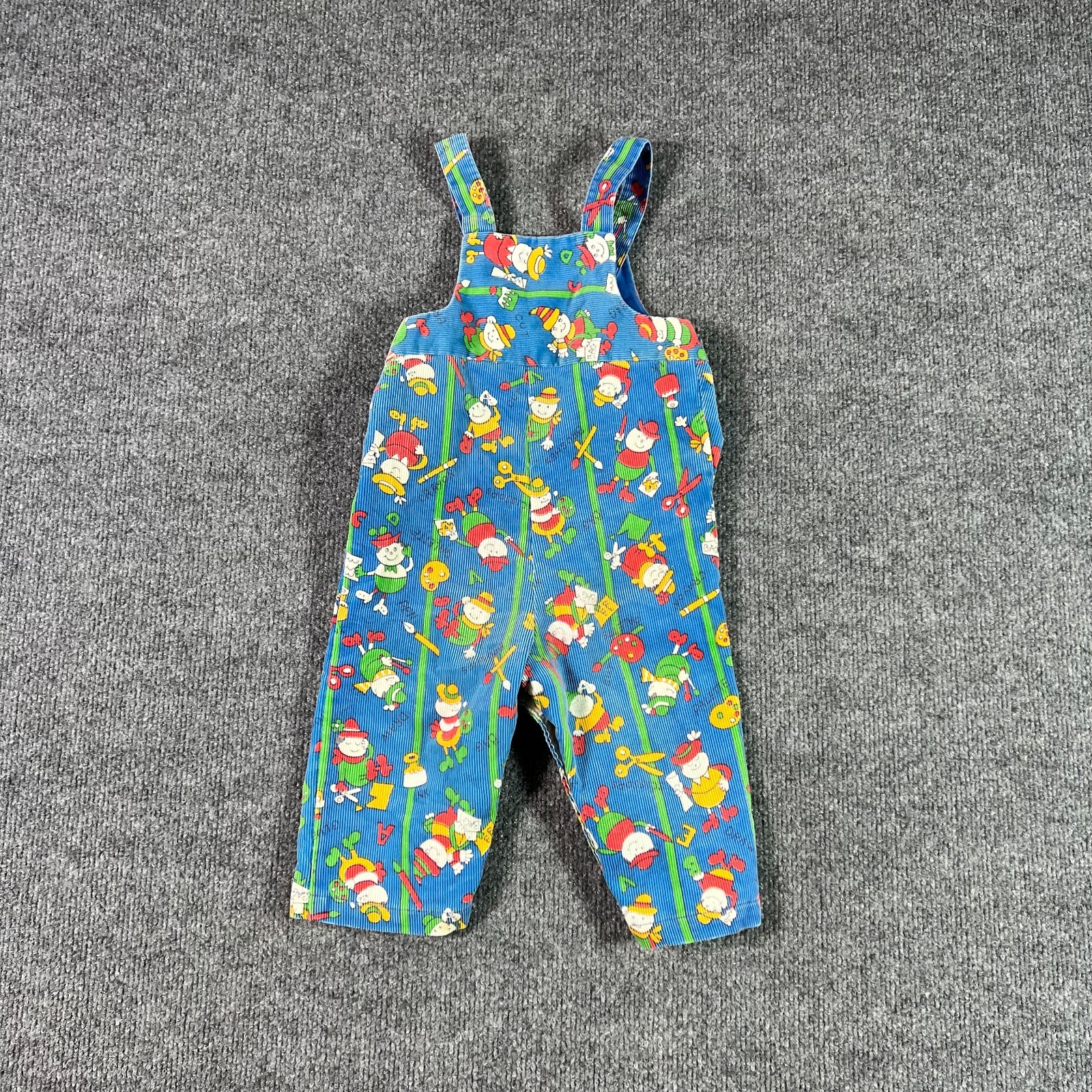 VTG 70s Health-Tex Overalls Toddler 18M Blue Corduroy Novelty School Print USA