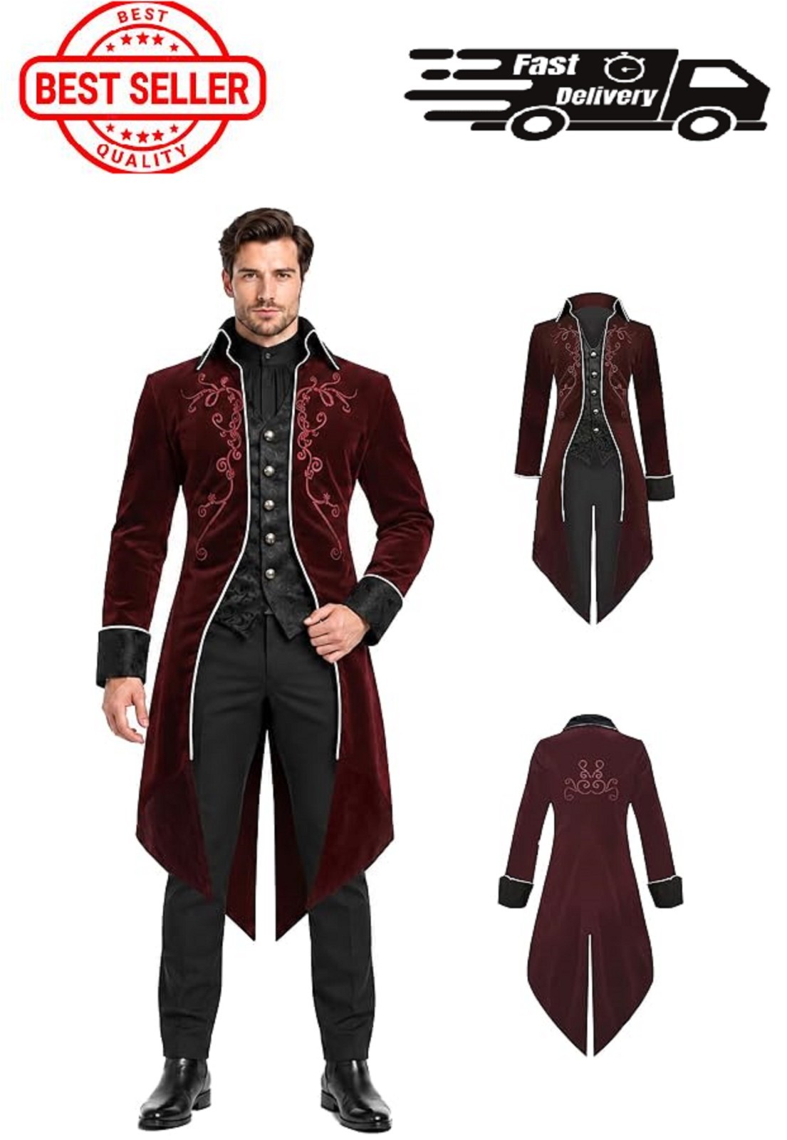 Men\'s Elegant Velvet Steampunk Tailcoat with Exquisite Embroidery - Large Size