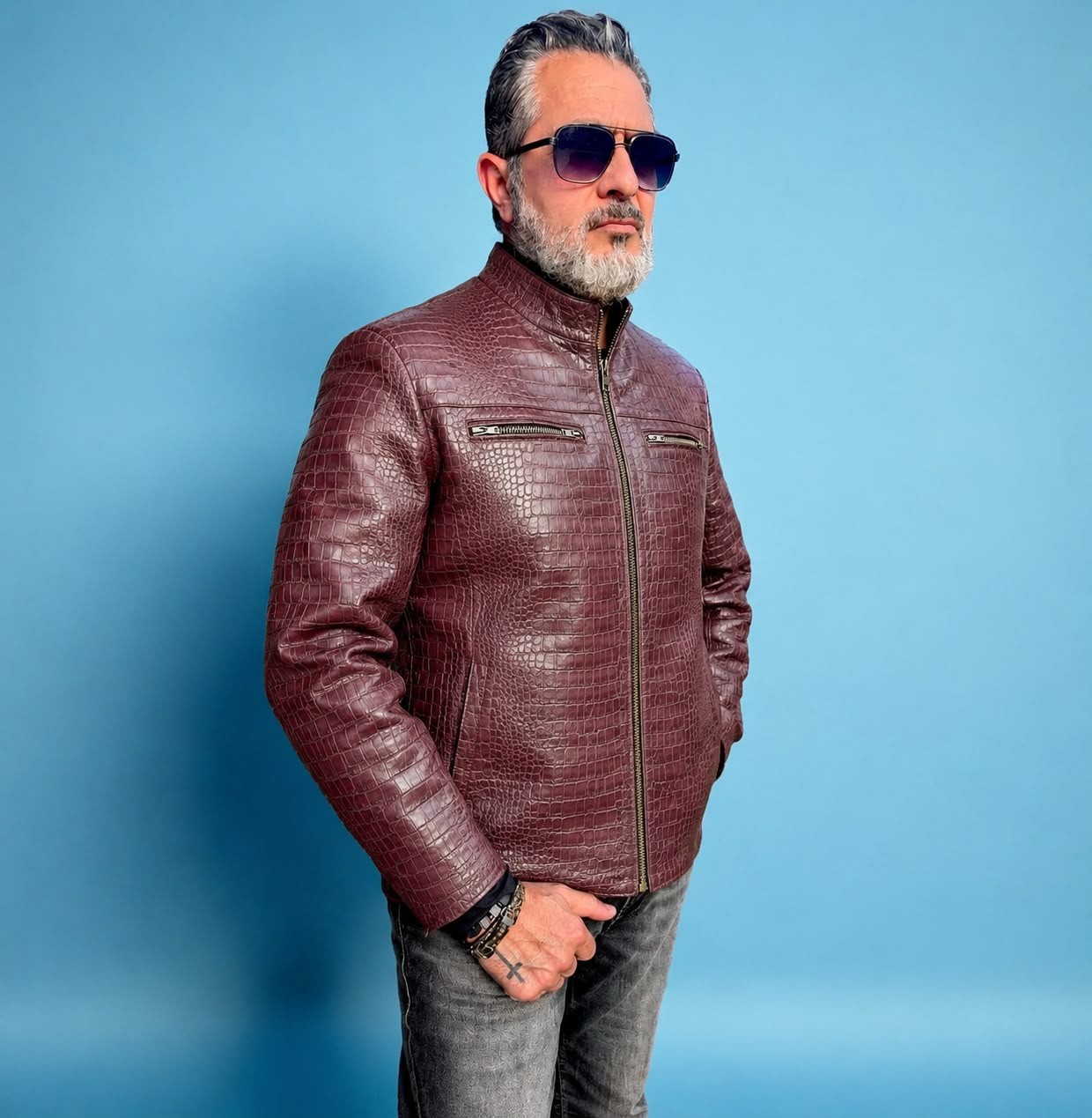 Men\'s Croc Embossed Leather Bomber Jacket – Handmade Luxury Outerwear