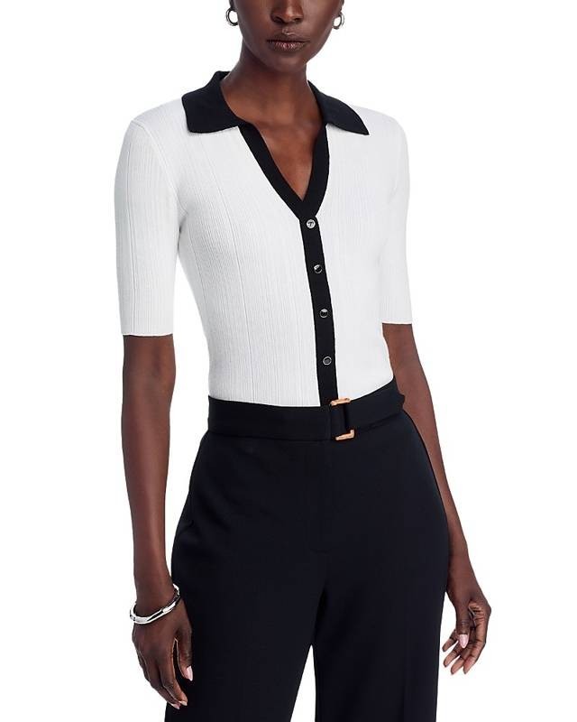 T Tahari Split-Neck Contrast-Trim Sweater Top Women\'s S White/Black Button Front