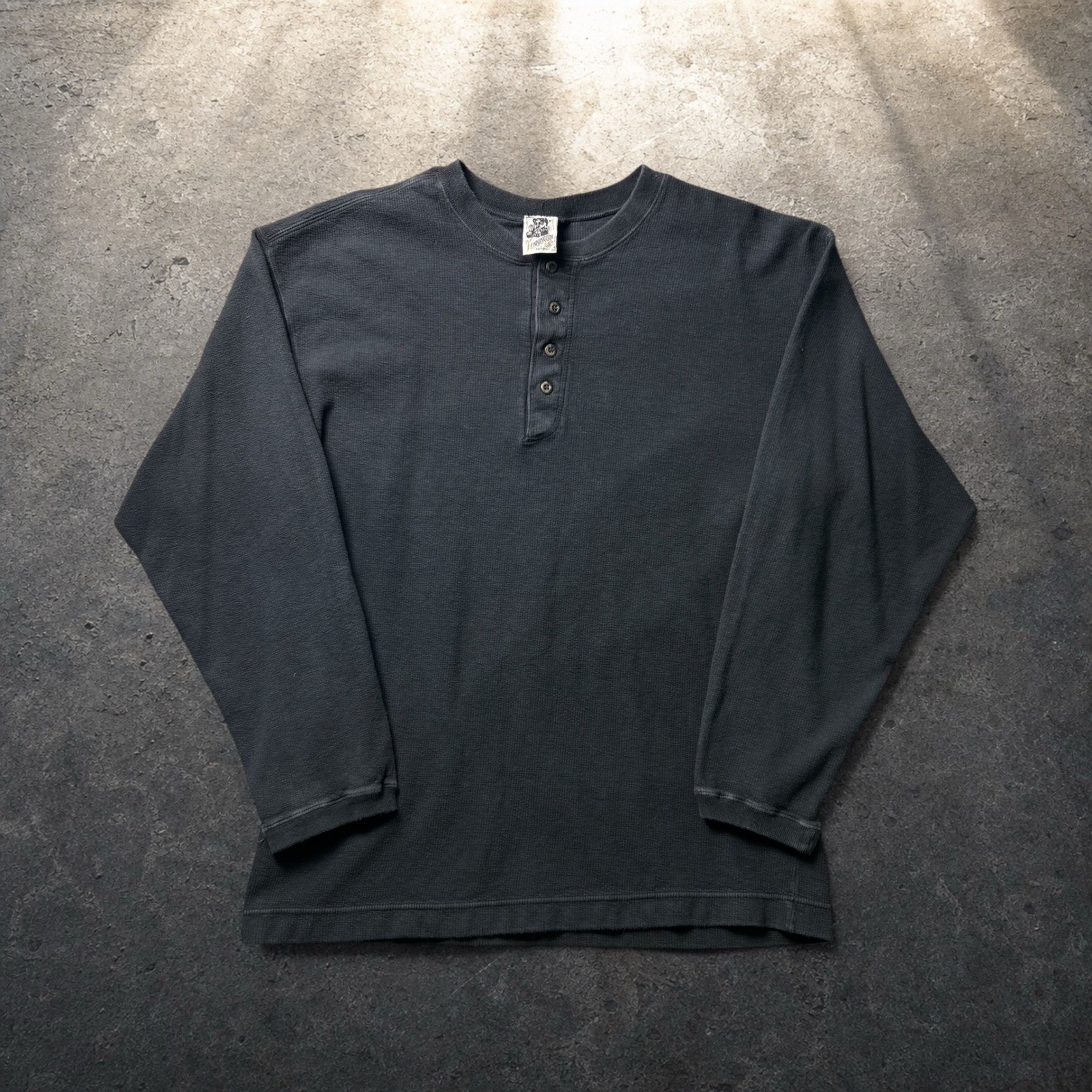 Vintage Waffle Knit Henley Long Sleeve Shirt Black Skater Grunge Baggy Size XL