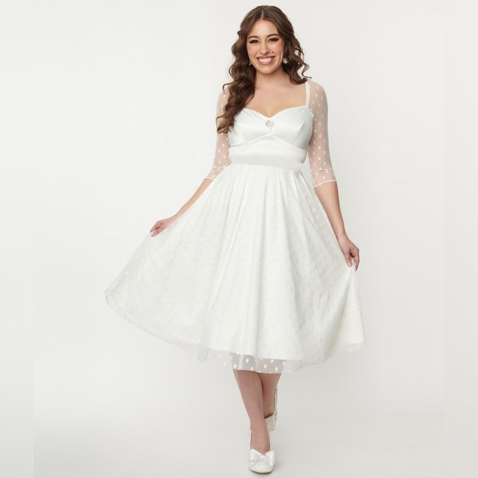 NWT Unique Vintage Ivory Polka Dot Lamar Bridal Swing DRESS small
