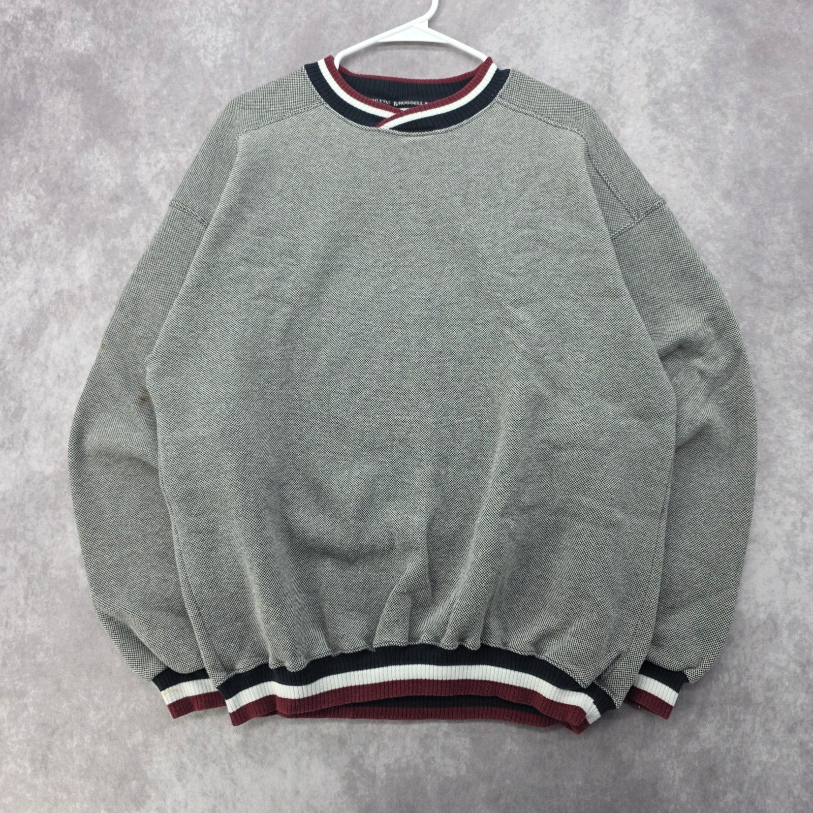 Vintage Russell Athletic Sweatshirt XL Grey Knit Striped Trim Made in USA 90s