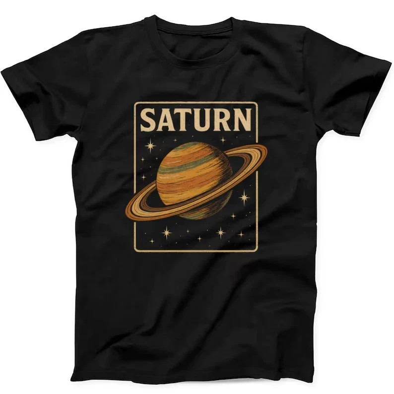 Saturn Planet T-Shirt Retro Astronomy Graphic Black Space Lover Gift