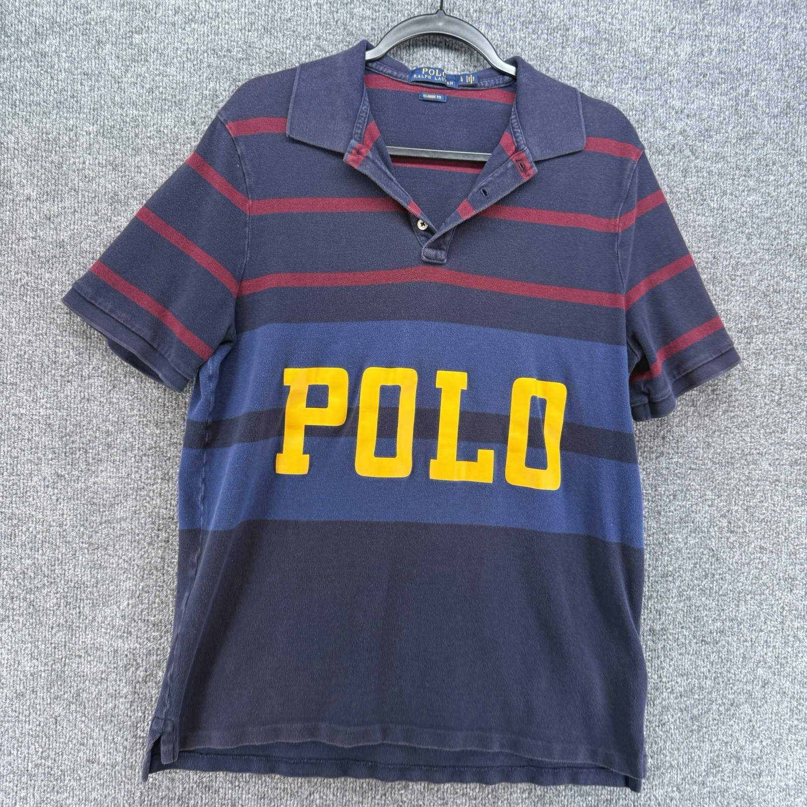 Vintage Polo Ralph Lauren Polo Shirt Mens L Blue Striped Logo Spell Out Preppy