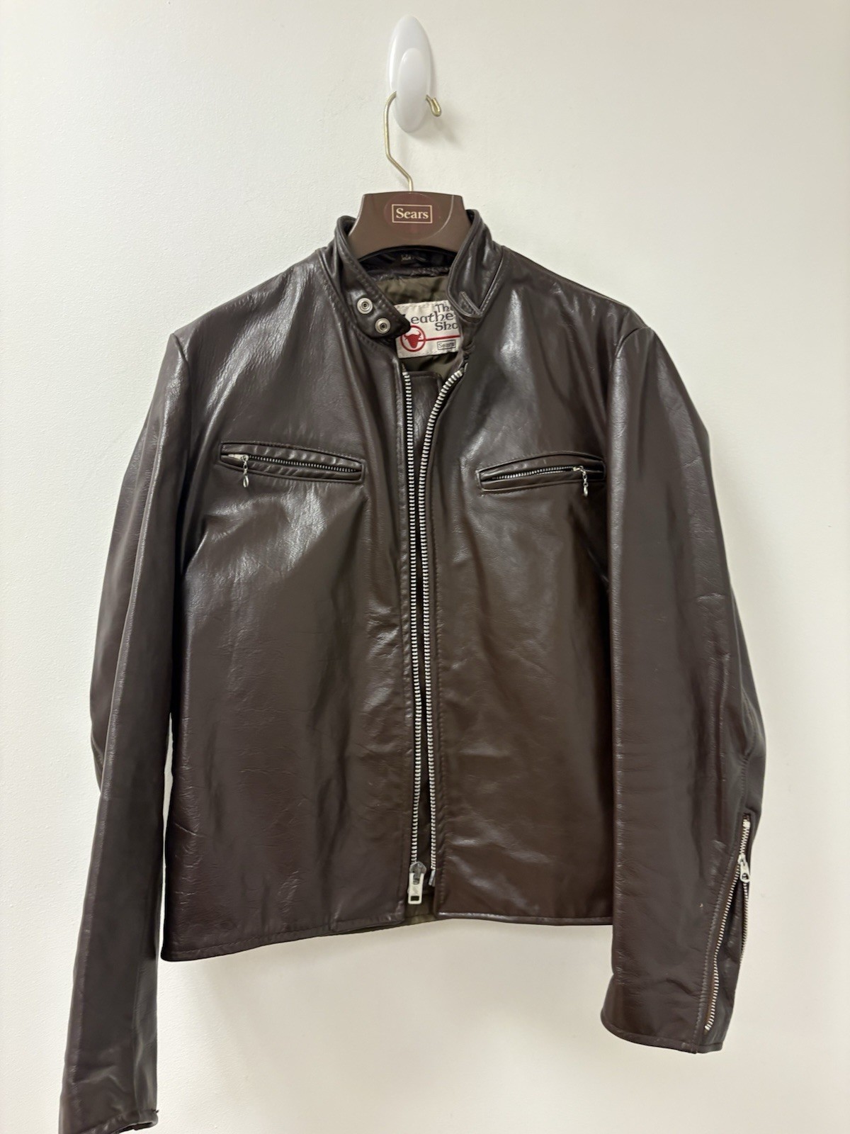 VTG 1960s 70s Sears The Leather Shop Brown Cafe Racer Jacket Snap Collar 42