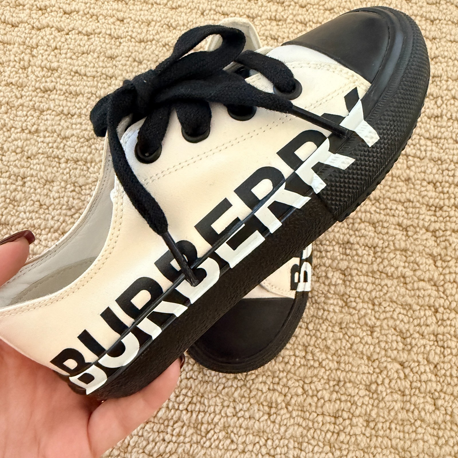 Burberry Kids Logo Canvas Sneakers Black White Size EU 28