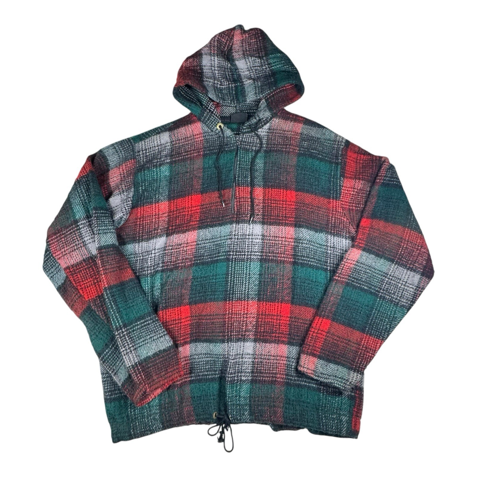 Vintage 1950’s Essley Red Green Plaid Wool Flannel Hoodie Talon 1/4 Zip Sz M