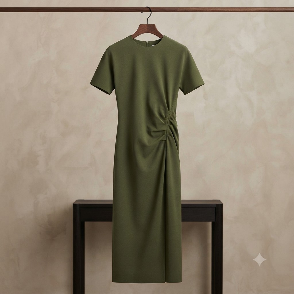 Zara Ruched Midi Dress Womens XS Khaki Green Short Sleeve Side Gathered NWT