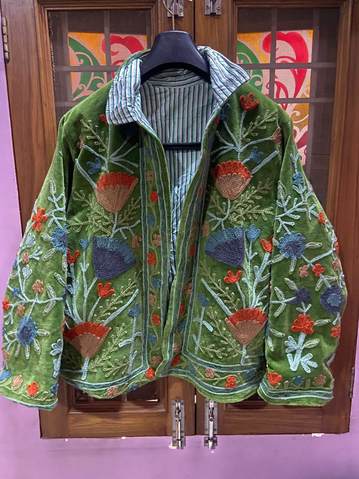 Vintage Velvet Suzani Jacket Green Hand Embroidered Crewel Boho Coat For Gifts