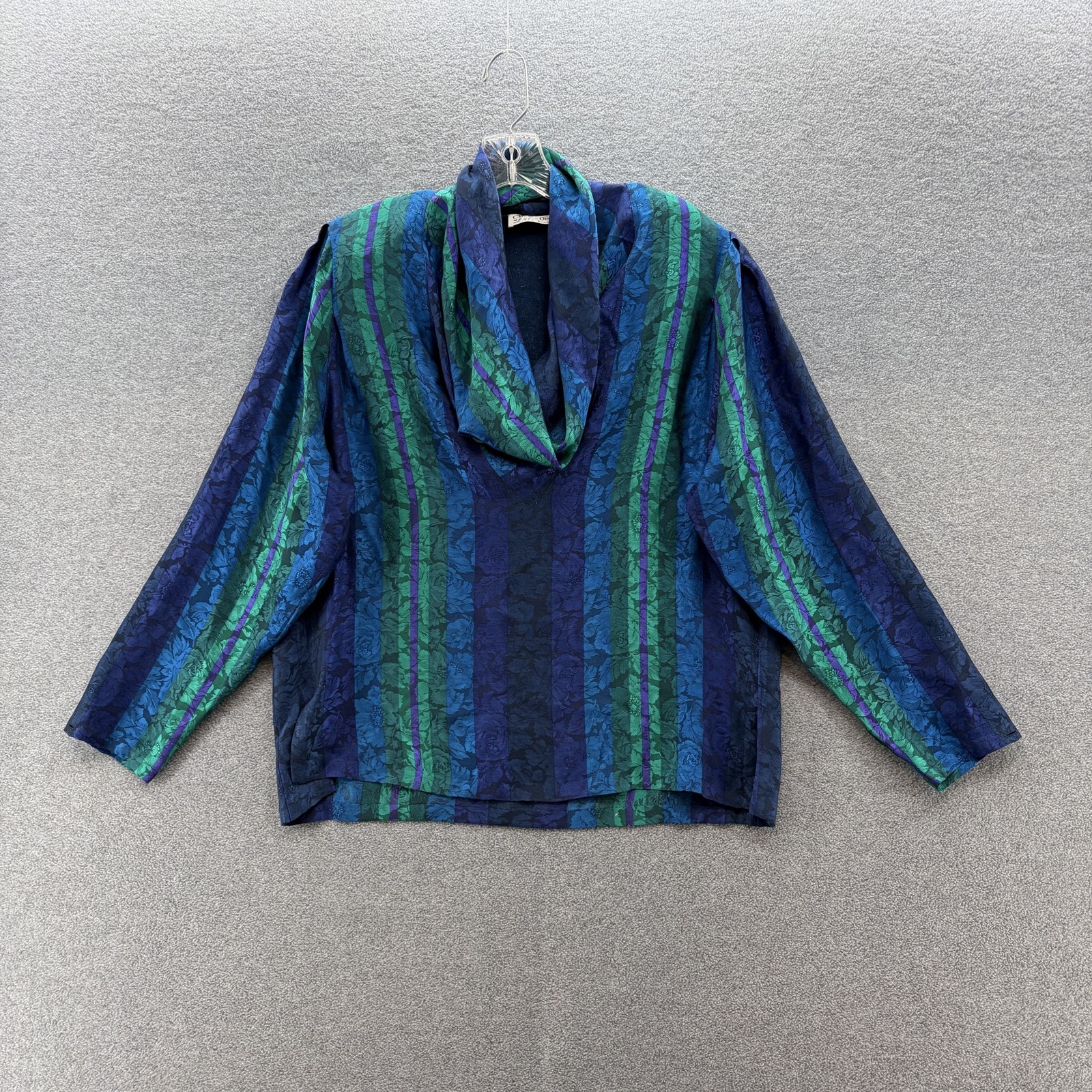 VTG 80s Christian Dior Blouse Womens 10 Blue Green Striped Silk Cowl Neck Top