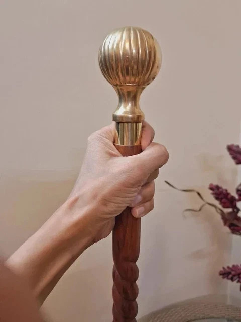 Vintage Solid Brass knob Head Handle Wooden Walking Stick Cane for Men