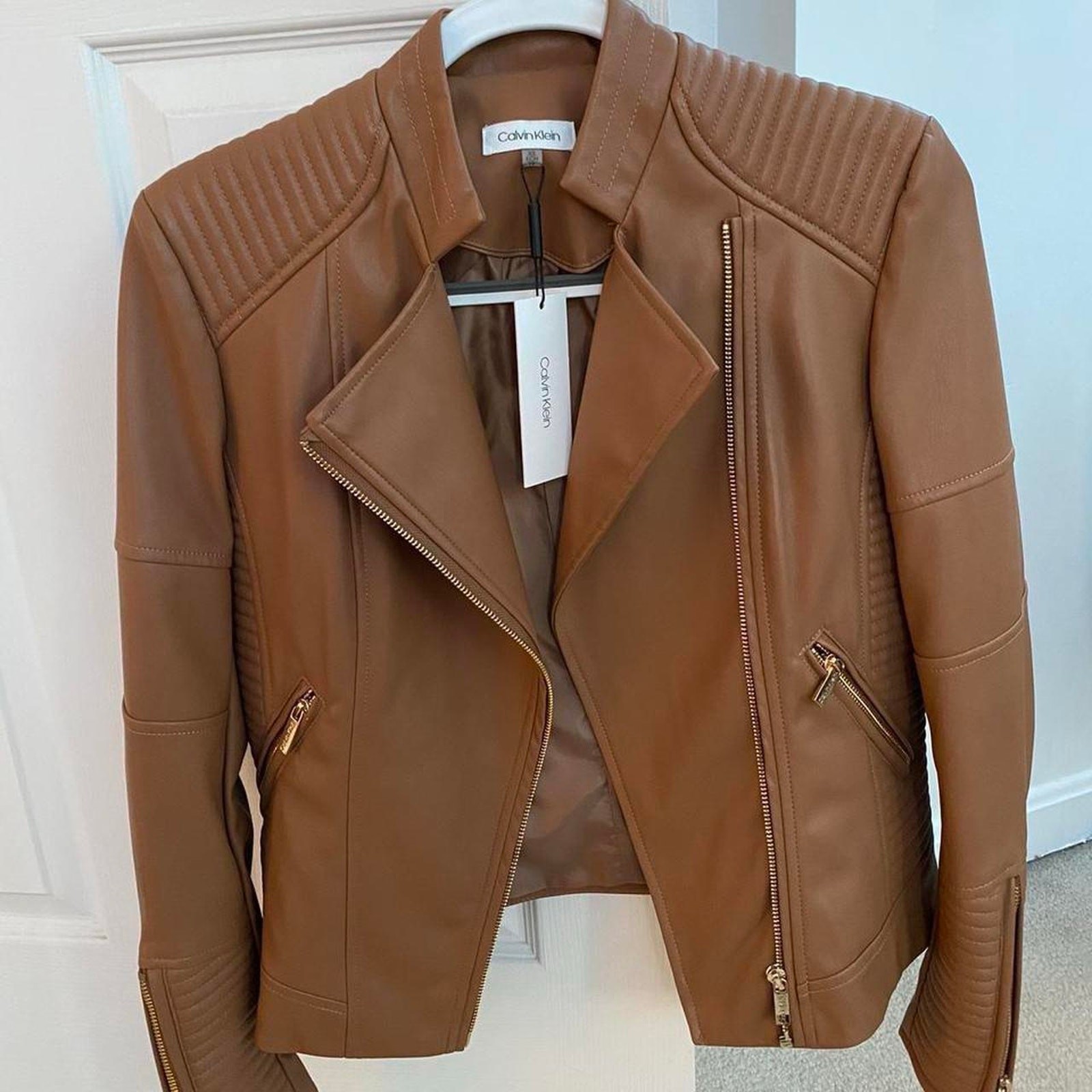 Nwt calvin klein brown faux leather jacket XS