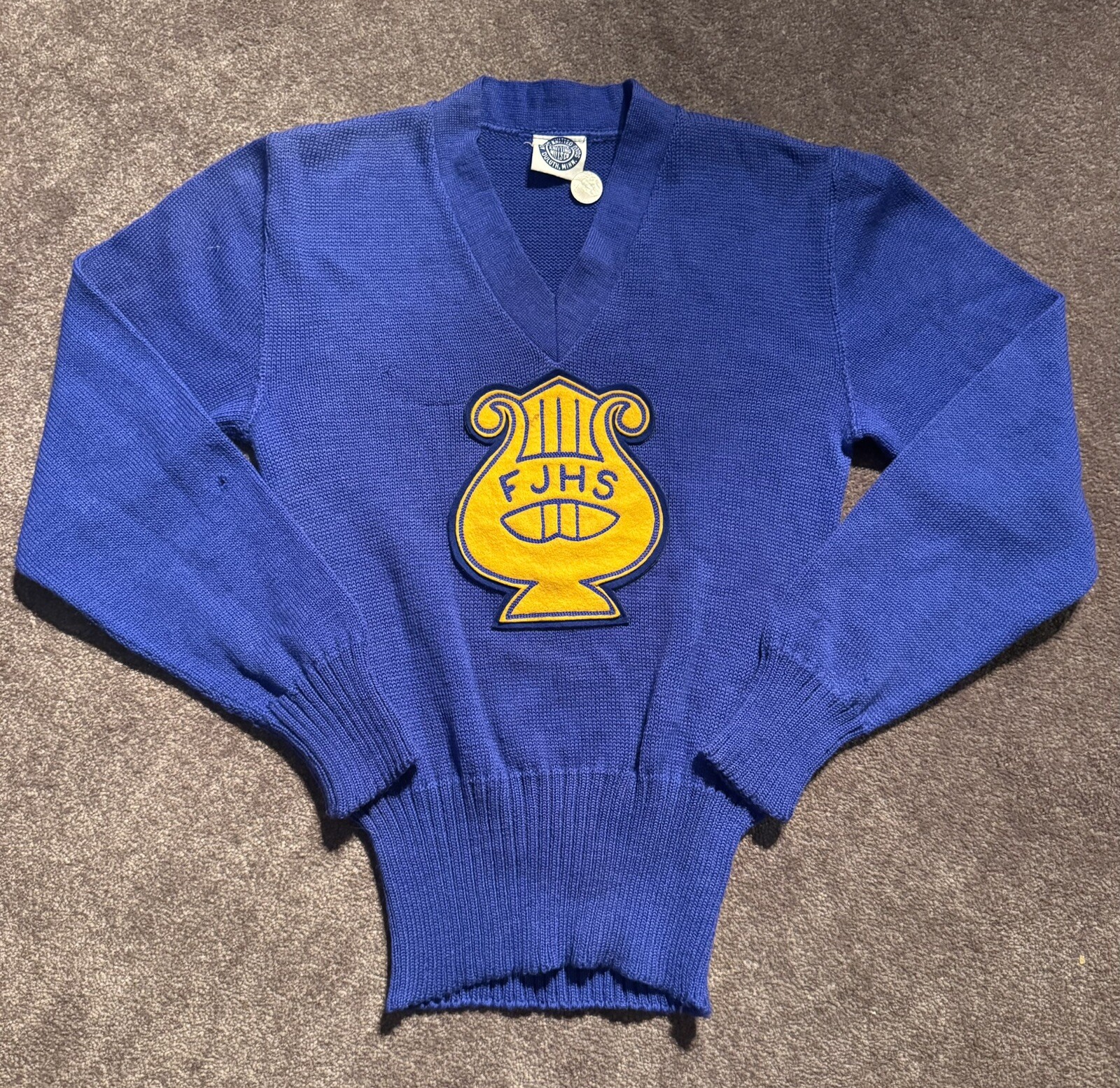 VTG Nelson Knitting Mill Co. Music Letterman Sweater Sz S Blue FJHS Band Music