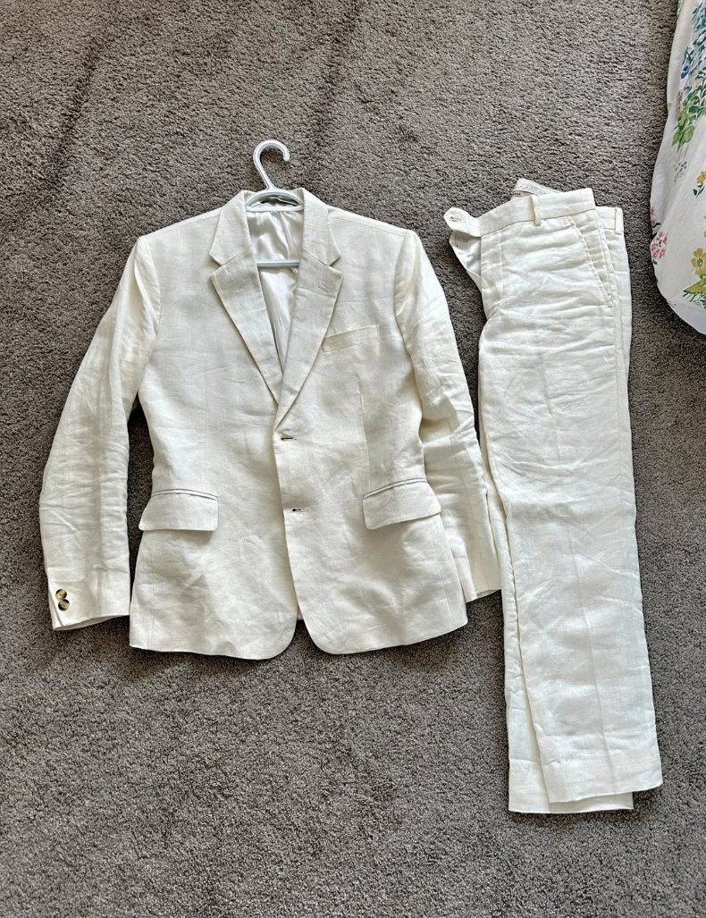 StudioSuits Men\'s Ivory Linen 2 Piece Suit Handcrafted Italy Fabric Wedding