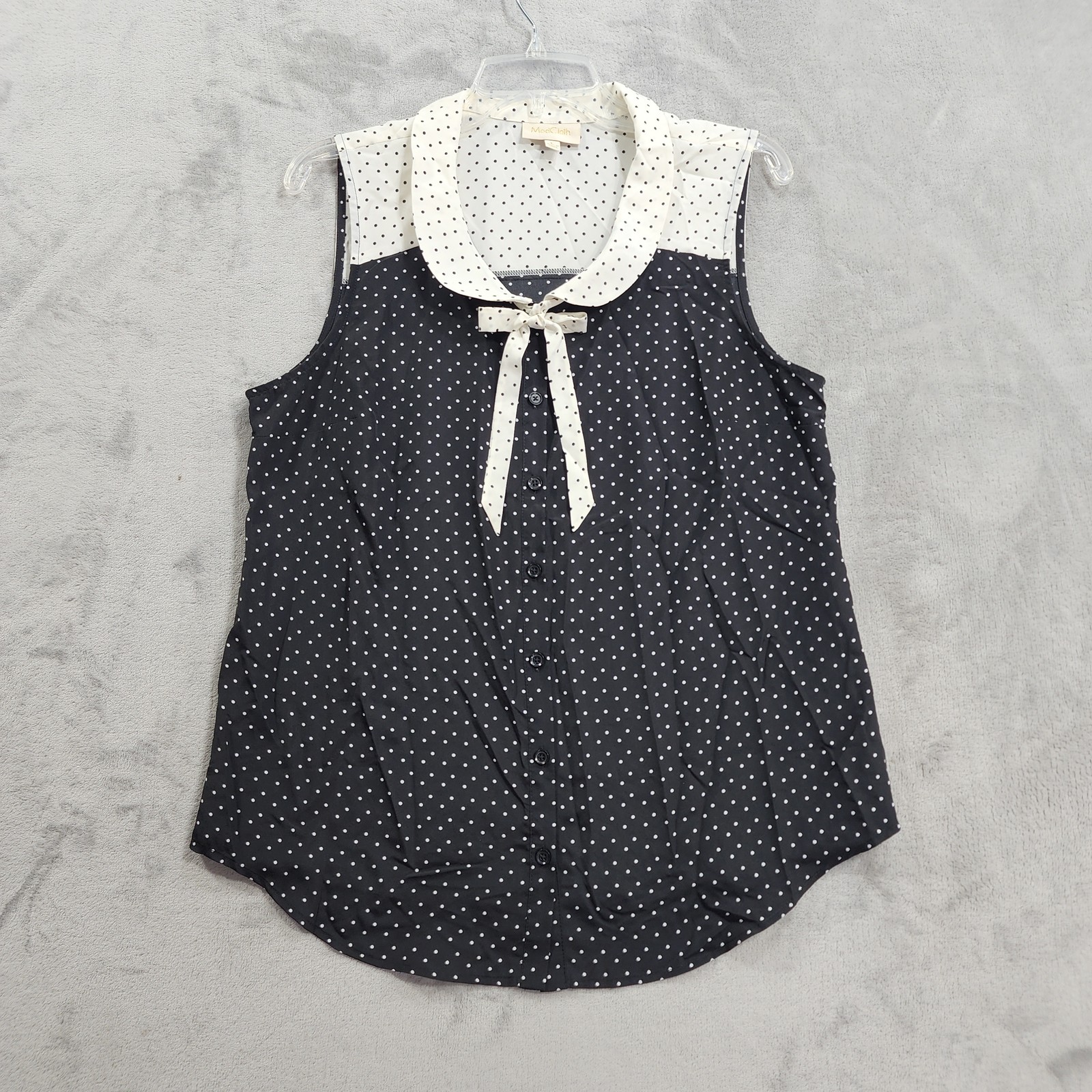 ModCloth Shirt Womens L Black Cream Polka Dot Bow Tie Collar Sleeveless Button