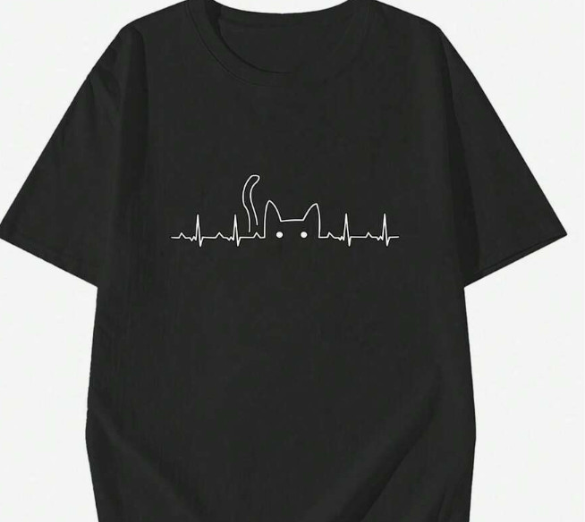 Women’s summer fashion T-shirt, crew neck, short sleeves, cat print, simple styl