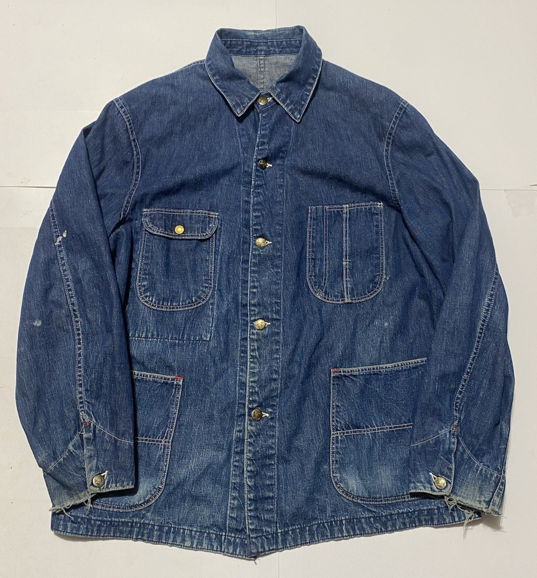 Vintage 40s 50s Denim Chore Jacket Sanforized Rivet Button Blue Jean Workwear