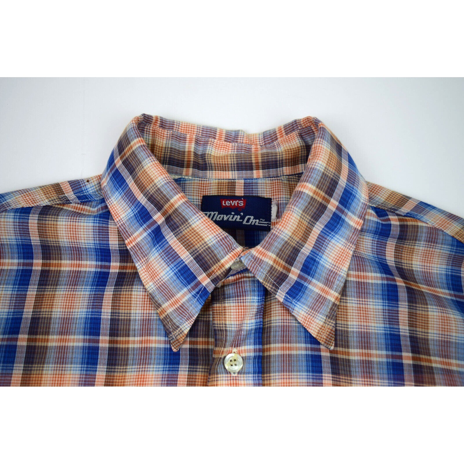 Vintage 70s Levis Movin On Plaid Shirt Mens L Orange Blue Stress Cobain Special