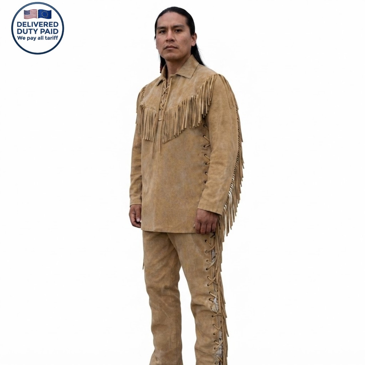 Native American Fringe Shirt & Pants Set | Cowhide Leather Outfit Handmade