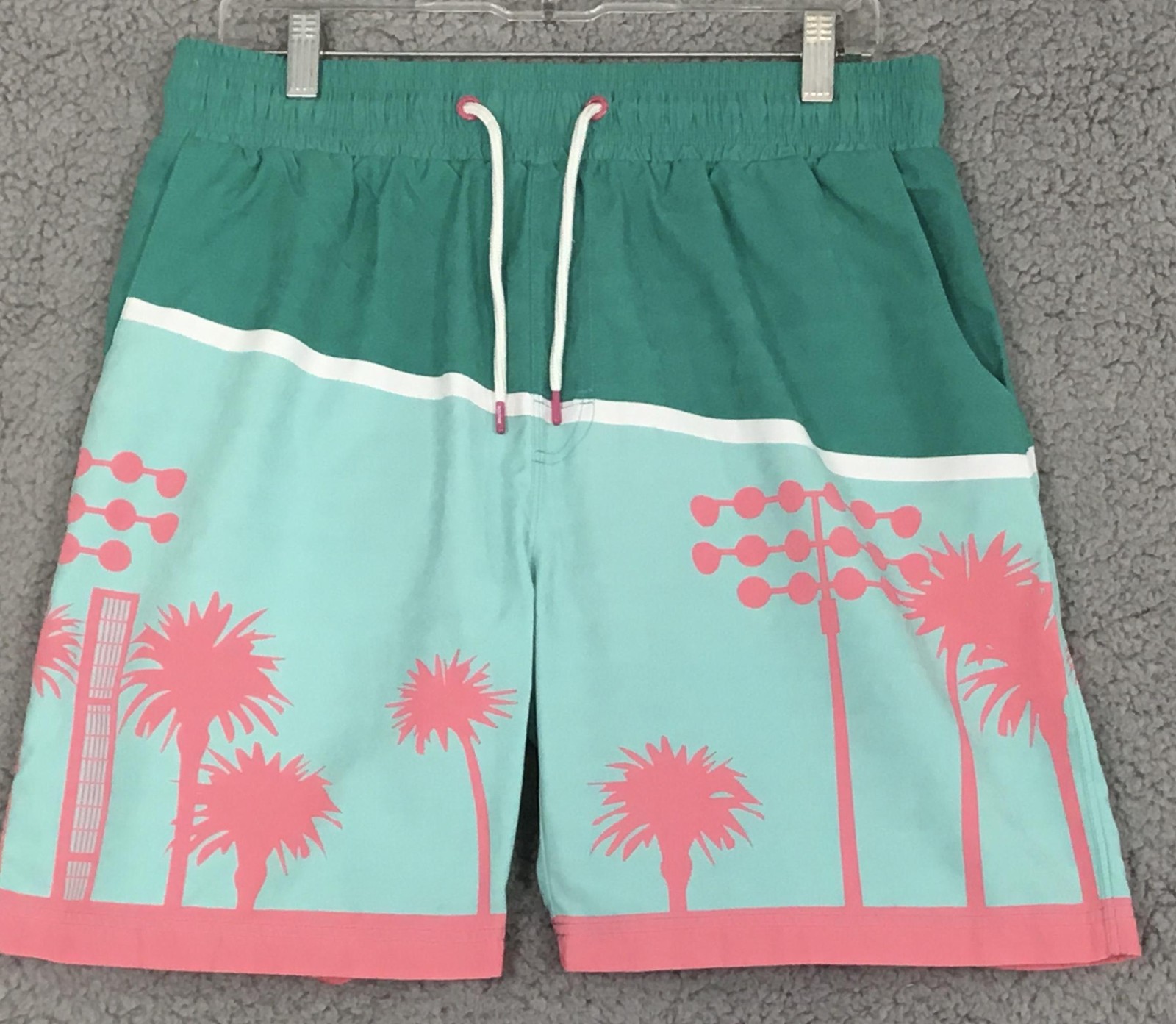 Routine Baseball Swim Trunks Mens 32 Green Pink Palm Mesh Lined Drawstring