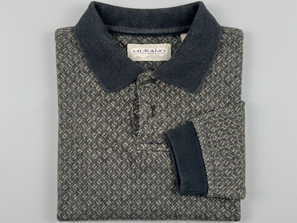 Murano Mens Large Vintage Geometric Pattern Knit Polo Shirt Long Sleeve Grey