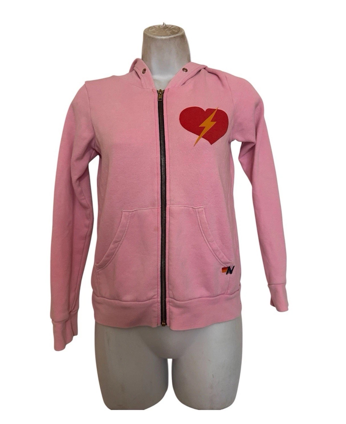 Aviator Nation Kids Size 12 Pink Heart Lightning Bolt Full Zip Hoodie Sweatshirt