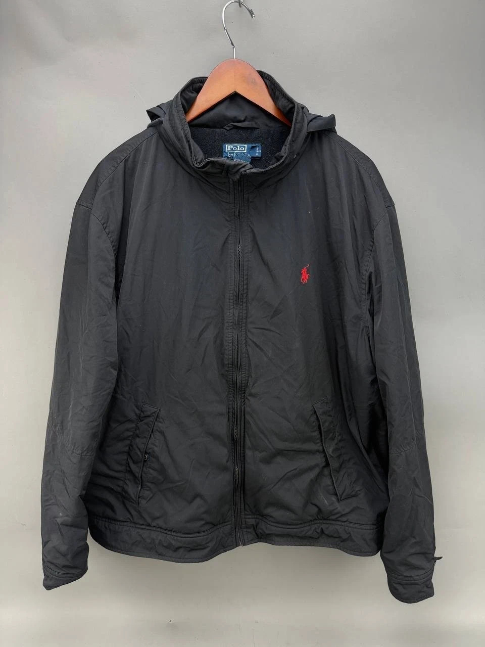 VTG Polo Ralph Lauren Mens Black Hooded Full Zip Jacket Size 2XL