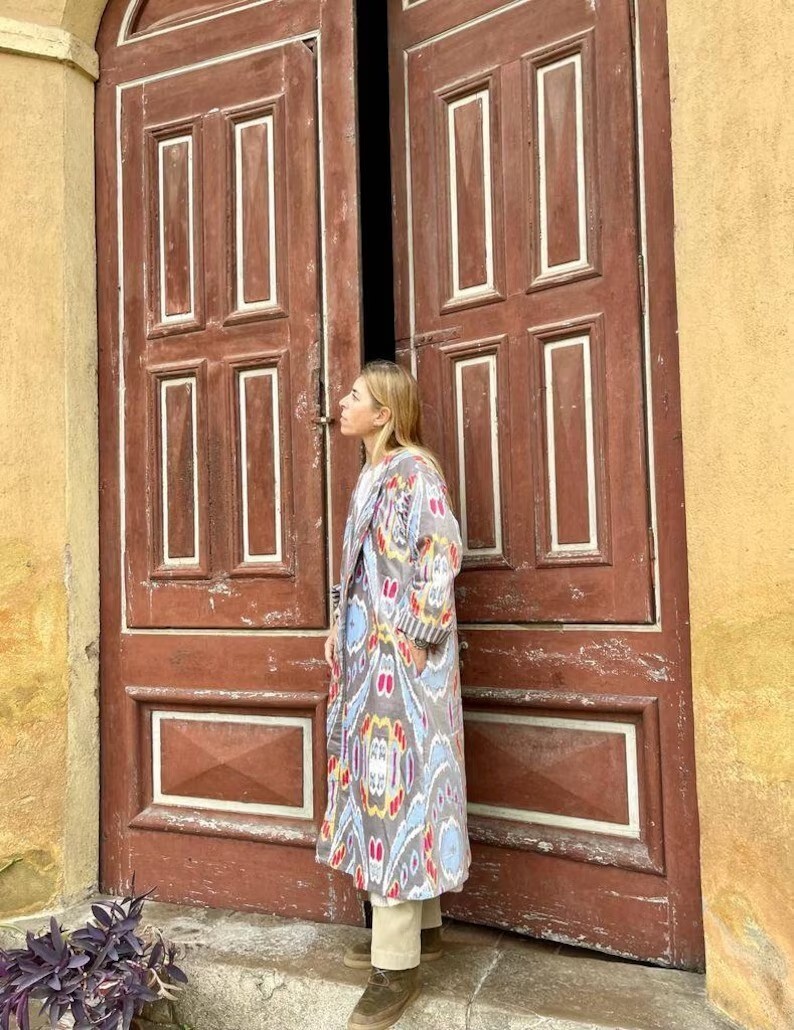 Indian Grey New Ikat Kimono Velvet Kimono Robe Night Gown Bridal Night Kimono AU