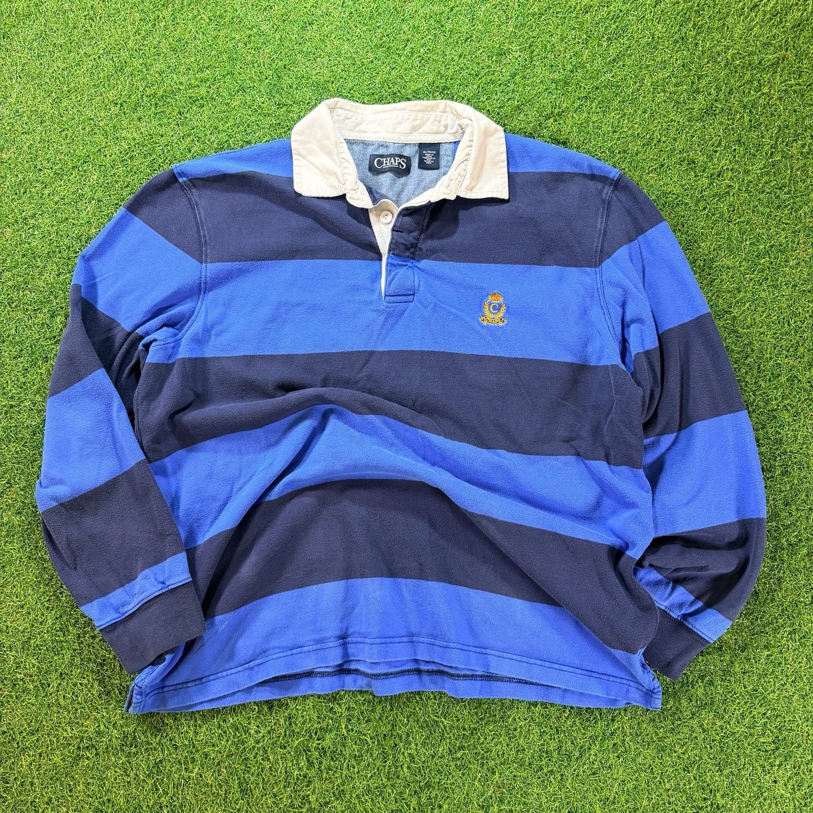 Vintage Chaps Ralph Lauren Blue and Navy Stripe Long Sleeve Rugby Shirt XL