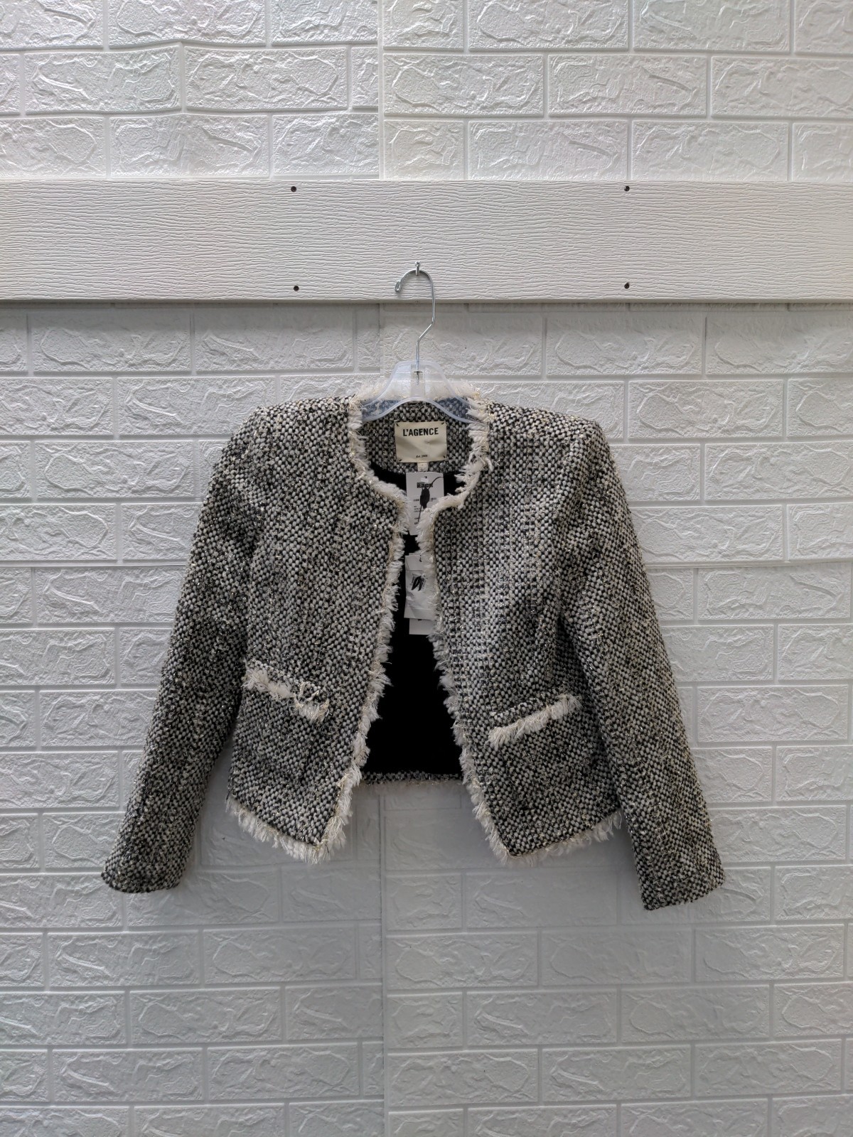 New LAgence Angelina Wool Blend Ecru/Black Metallic Jacket Sz 2