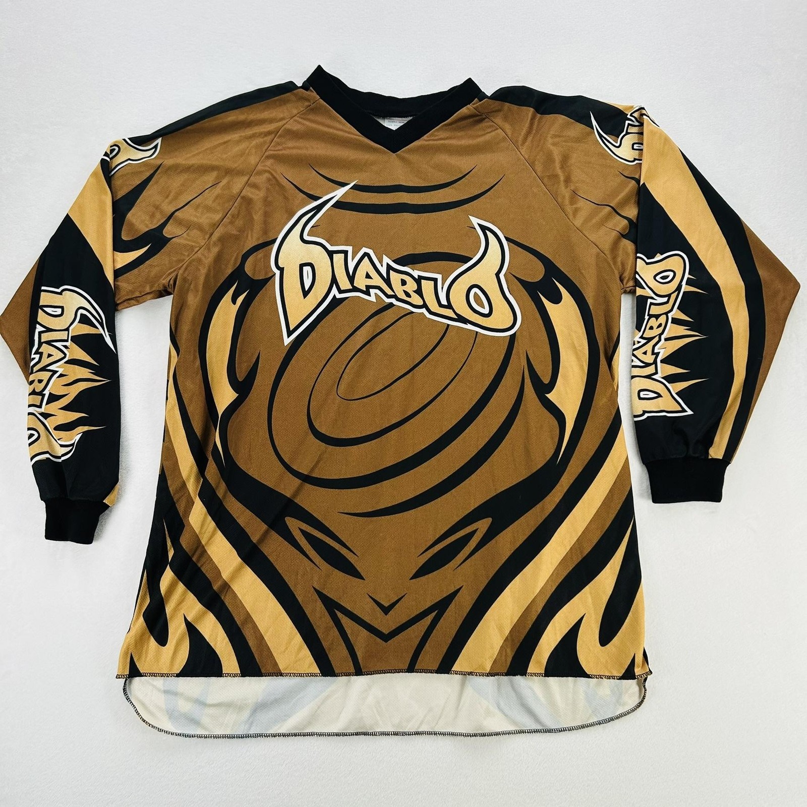VINTAGE Diablo Paintball Jersey Mens 2XL Gold Brown Long Sleeve Mesh Shirt Y2K